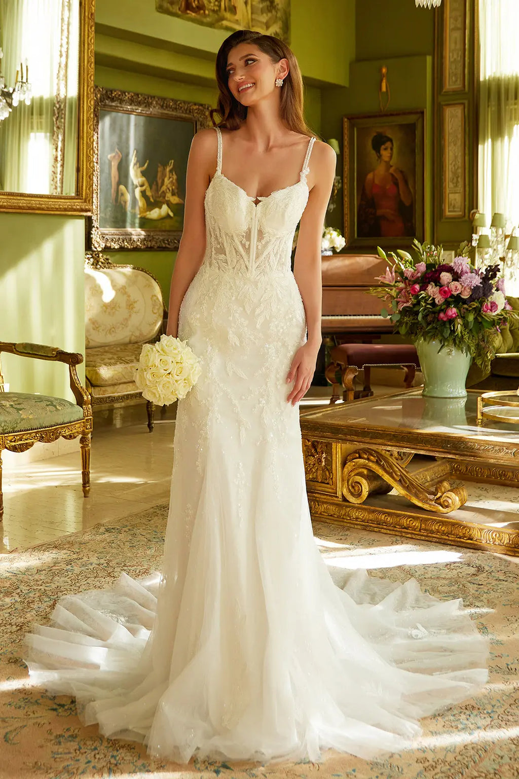 Embellished double spaghetti strap corset train dress with lace sequin underlayer GLGL3531
