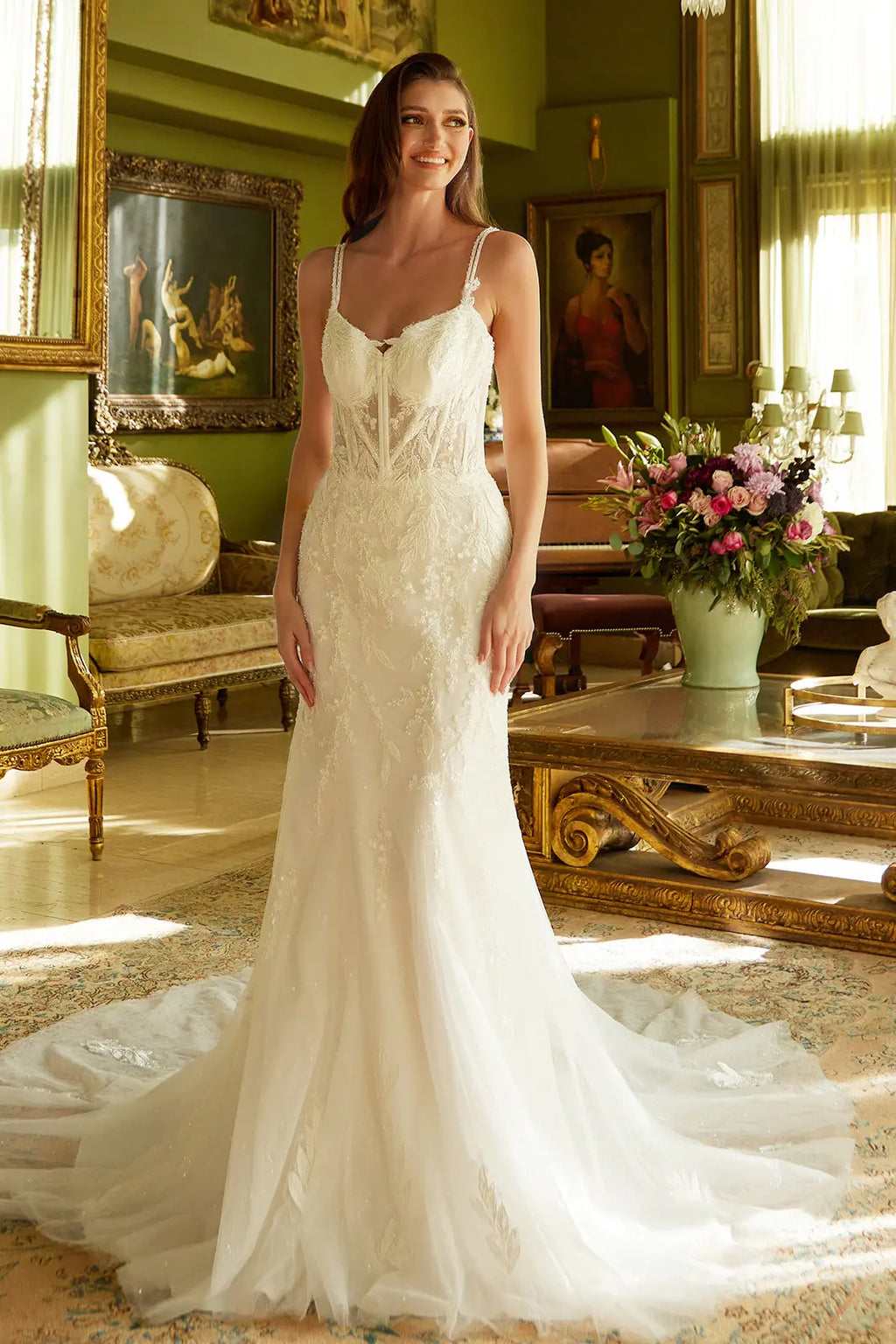 Embellished double spaghetti strap corset train dress with lace sequin underlayer GLGL3531