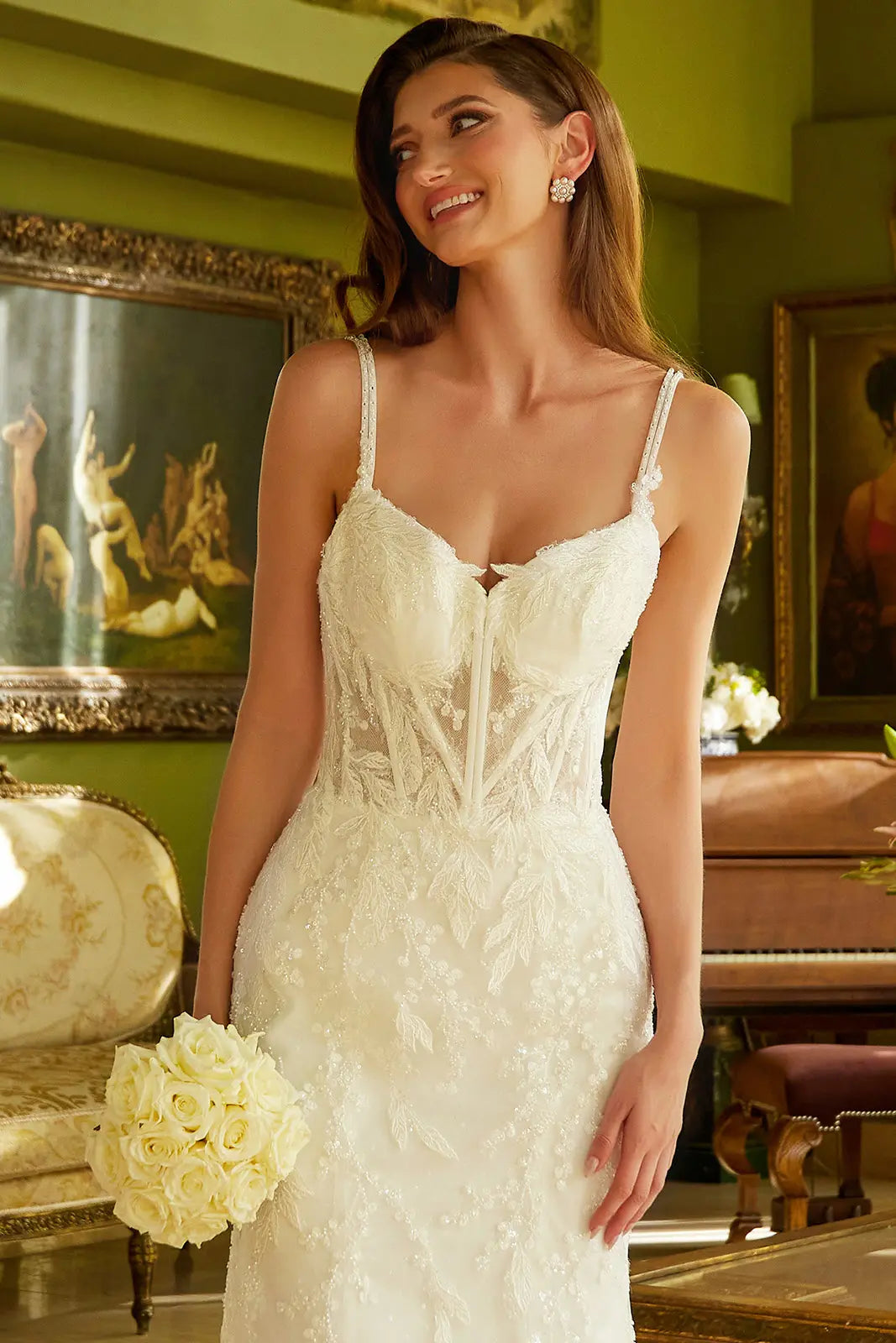 Embellished double spaghetti strap corset train dress with lace sequin underlayer GLGL3531