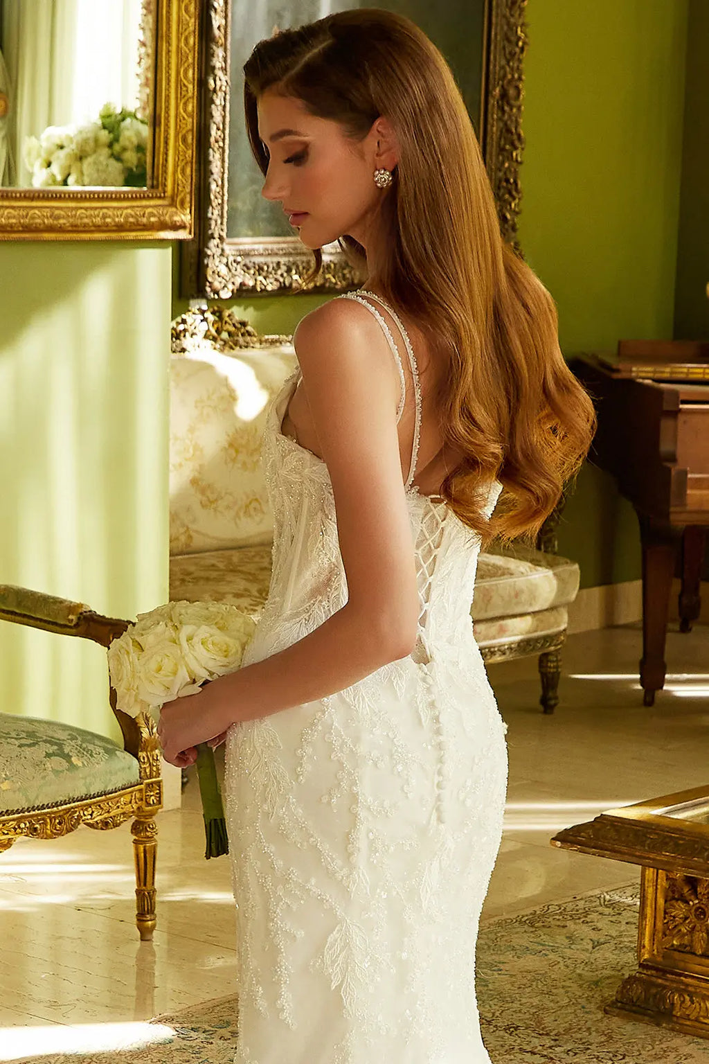 Embellished double spaghetti strap corset train dress with lace sequin underlayer GLGL3531