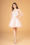 3D Flower Applique Embellished Short Mesh Homecoming Gown w/ Short Cape GLGS3089